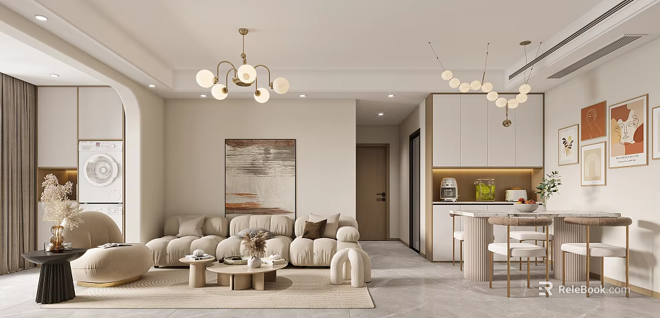 Modern Living and Dining Area With Beige Sofa Dining Table Pendant Lights And Artwork 3d model
