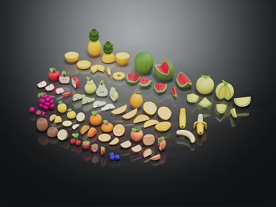 Assorted Fresh Fruits Arranged In Circular Display On Black Background With Pineapple Watermelon And More 3d model