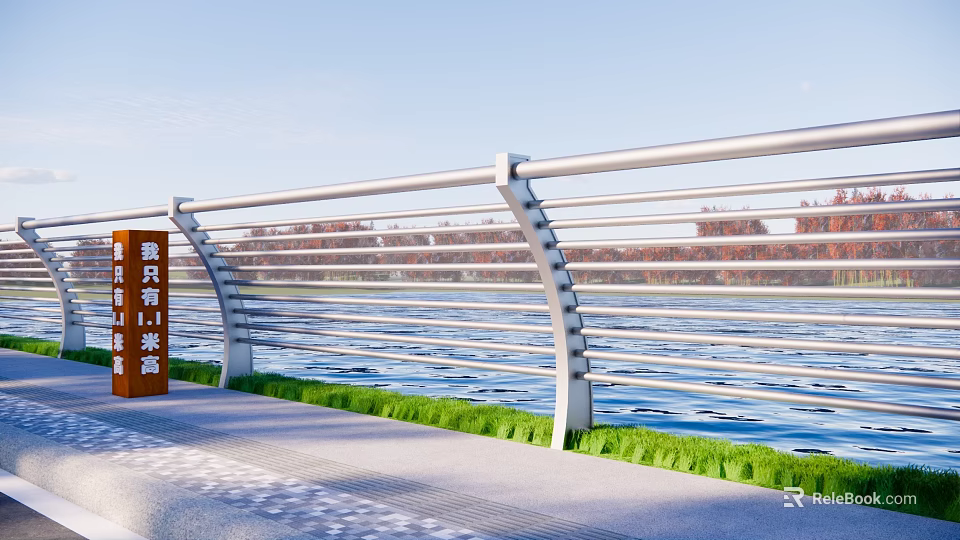 Modern Metal Fence With Horizontal Bars Along Waterfront Green Grass And Blue Sky 3d model 