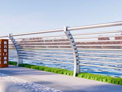 Modern Metal Fence With Horizontal Bars Along Waterfront Green Grass And Blue Sky 3d model
