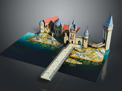 Medieval Castle Architecture with Red Roofs Towers Bridge and Surrounding Water 3d model