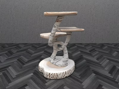 Natural Wooden Tea Table With Tree Stump Base And Multi Tier Design 3d model