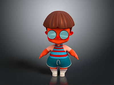 Cartoon Man Wearing Large Round Glasses Red Blue Striped Shirt Blue Shorts Against Gray Background 3d model