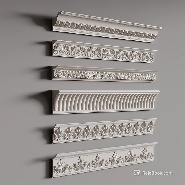 Elegant White Gypsum Cornice With Various Intricate Patterns For Interior Decoration 3d model 