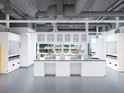 Modern Laboratory Interior With White Benches Upper Cabinets And Ventilation Pipes 3d model