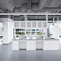 Modern Laboratory Interior With White Benches Upper Cabinets And Ventilation Pipes 3d model