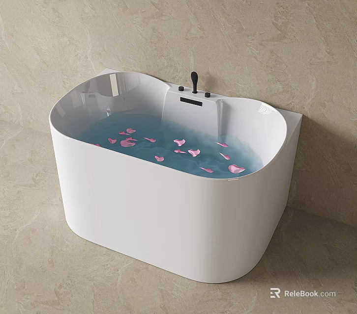 White Freestanding Bathtub With Pink Petals Floating In Water And Black Faucet 3d model 