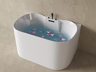 White Freestanding Bathtub With Pink Petals Floating In Water And Black Faucet 3d model
