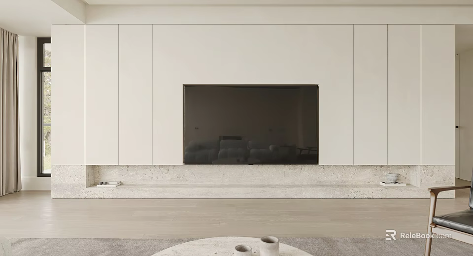 Minimalist TV Background Wall With Integrated TV Light Colored Cabinets And Stone Panel 3d model