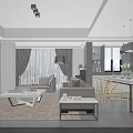 Modern Living and Dining Room Interior With Brick Wall Sofa Dining Table And Pendant Lights