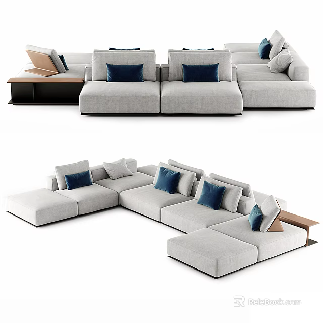 Light Gray Sectional Sofa With Blue Cushions Modern Design For Living Room Seating 3d model 