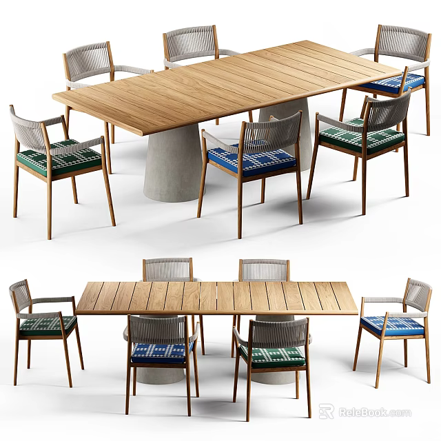 Elegant Wooden Dining Table Set With Concrete Pedestal And Chairs With Green Blue Upholstered Seats 3d model 