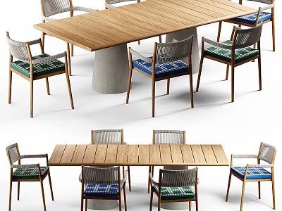 Elegant Wooden Dining Table Set With Concrete Pedestal And Chairs With Green Blue Upholstered Seats 3d model