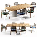 Elegant Wooden Dining Table Set With Concrete Pedestal And Chairs With Green Blue Upholstered Seats