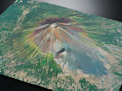 Volcanic Terrain Aerial View With Central Crater Radiating Lava Flows And Colorful Geological Features 3d model