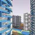 Modern High Rise Residential Buildings With Balconies Green Spaces And Road