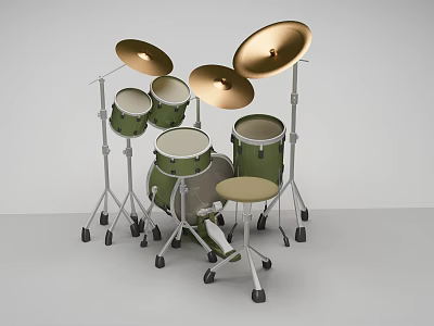 Green Musical Instruments Drum Set With Golden Cymbals Drum Stands And Stool 3d model