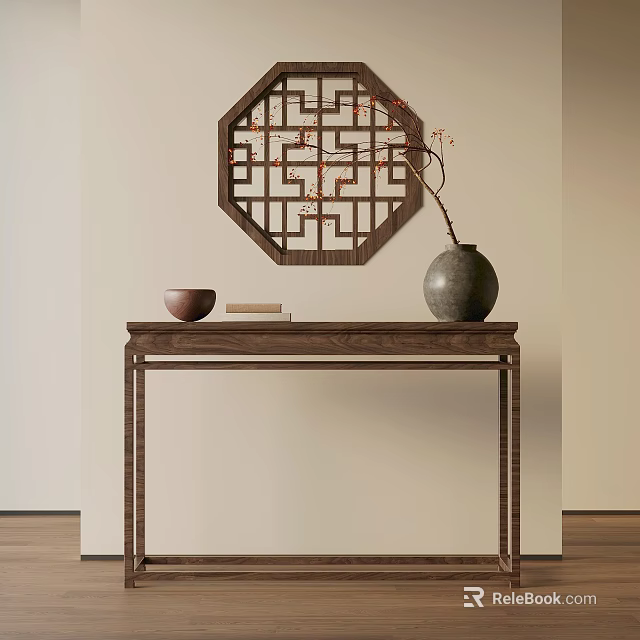 Chinese Wooden Console Table With Dark Vase Branches Bowl Books And Octagonal Lattice Wall Decor 3d model 