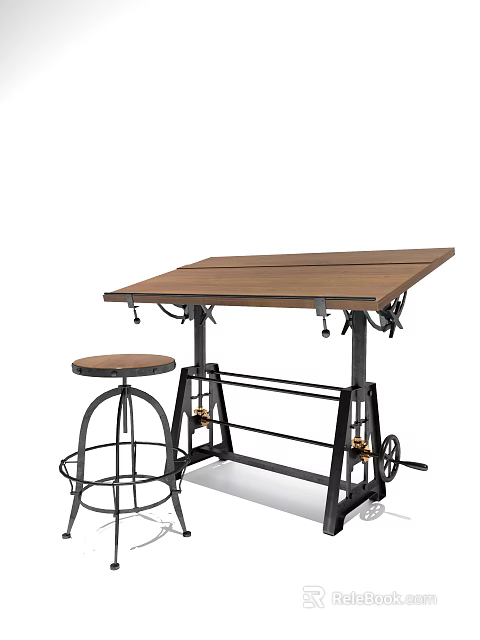 Industrial Style Wooden Table With Metal Frame And Round Stool Design 3d model 