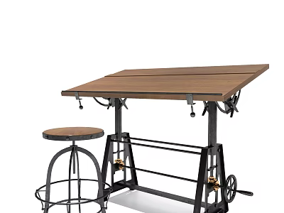 Industrial Style Wooden Table With Metal Frame And Round Stool Design 3d model
