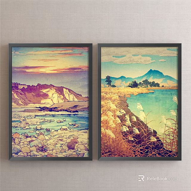 Two Framed Landscape Paintings With Sunset Rocky Shore Lake Mountains And Grassland Trees 3d model 
