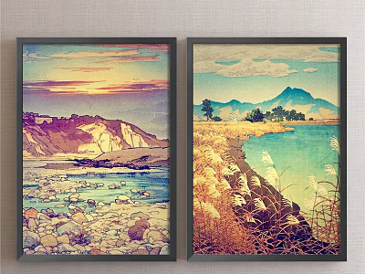 Two Framed Landscape Paintings With Sunset Rocky Shore Lake Mountains And Grassland Trees 3d model