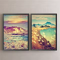 Two Framed Landscape Paintings With Sunset Rocky Shore Lake Mountains And Grassland Trees