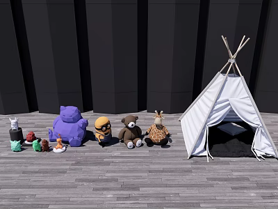 Kids Play Area With White Tepee Tent Stuffed Animals And Small Toys On Wooden Floor 3d model