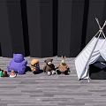 Kids Play Area With White Tepee Tent Stuffed Animals And Small Toys On Wooden Floor