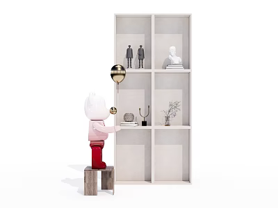 White Bookcase With Decorative Small Figurines Plant And Candle Holder Near Doll Holding Gold Balloon 3d model