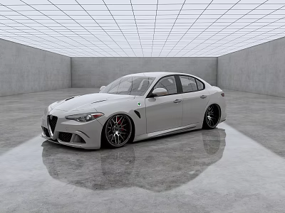 White Sporty Sedan Parked In Indoor Space With Reflective Floor Gray Walls And Grid Ceiling 3d model