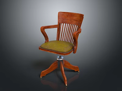 Wooden Office Chair with Armrests Green Padded Seat Slatted Backrest and Five Star Base 3d model