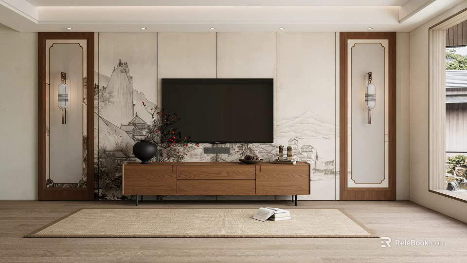 Wooden TV Stand In Modern Chinese Style With Landscape Painting Vase Books And Rug 3d model 