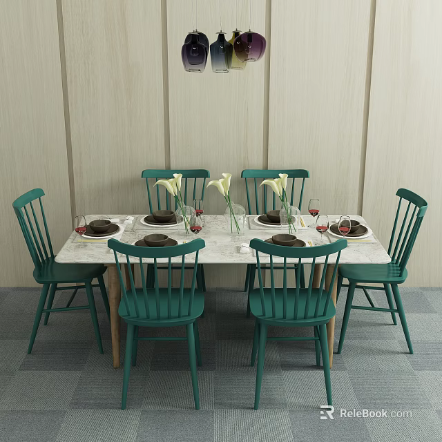 Elegant Dining Table Set With Marble Top Six Green Chairs White Flowers And Tableware 3d model