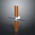 Satellite Model with Orange Solar Panels Blue Structural Beams and White Main Body