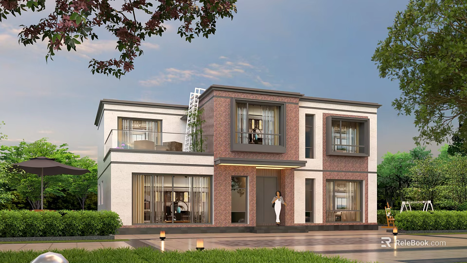 Modern Two Story Detached Villa With Brick Exterior Garden Lawn And Outdoor Lighting 3d model 