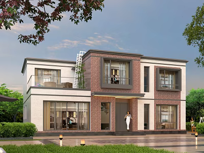 Modern Two Story Detached Villa With Brick Exterior Garden Lawn And Outdoor Lighting 3d model