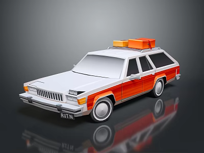 Vintage White and Orange Station Wagon With Orange Storage Boxes on Roof 3d model
