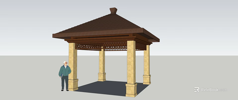 Traditional Pavilion Design With Brown Roof And Yellow Carved Lattice Pillars Structure 3d model 
