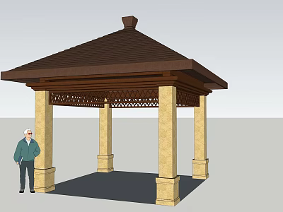 Traditional Pavilion Design With Brown Roof And Yellow Carved Lattice Pillars Structure 3d model