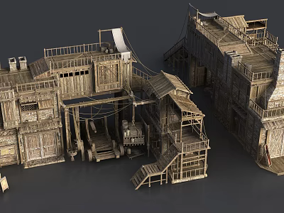 Cartoon Scene of Old Fishing Village Featuring Connected Wooden Buildings Stairs Platforms and Ropes 3d model