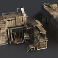 Cartoon Scene of Old Fishing Village Featuring Connected Wooden Buildings Stairs Platforms and Ropes