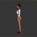 Curly Haired Woman Wearing White Cropped Long Sleeve Top Leopard Pants Red Shoes Grey Background