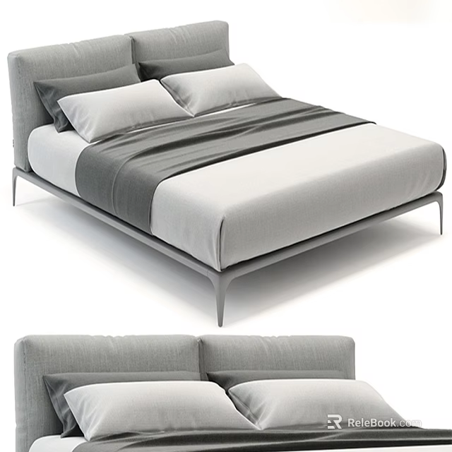 Modern Minimalist Double Bed With Gray Upholstered Headboard And Metal Legs 3d model 