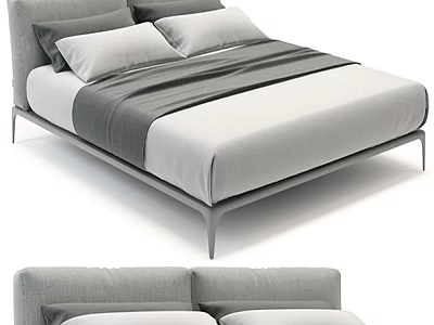 Modern Minimalist Double Bed With Gray Upholstered Headboard And Metal Legs 3d model