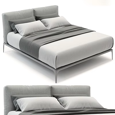 Modern Minimalist Double Bed With Gray Upholstered Headboard And Metal Legs 3d model