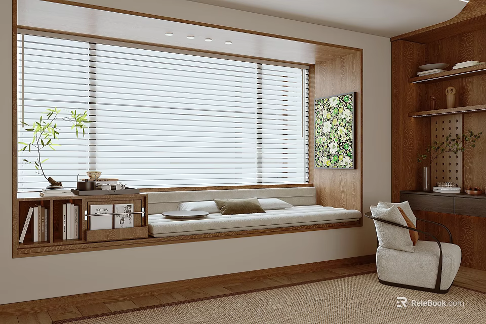 Cozy Bay Window Alcove With Wooden Frame White Blinds Cushions And Bookshelf 3d model 