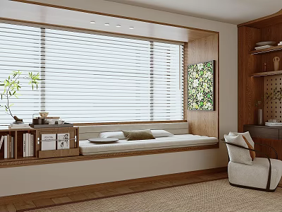 Cozy Bay Window Alcove With Wooden Frame White Blinds Cushions And Bookshelf 3d model