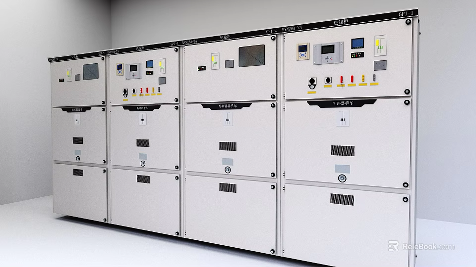 White Commercial Electrical Control Cabinets With LCD Displays Control Buttons And Indicator Lights 3d model 