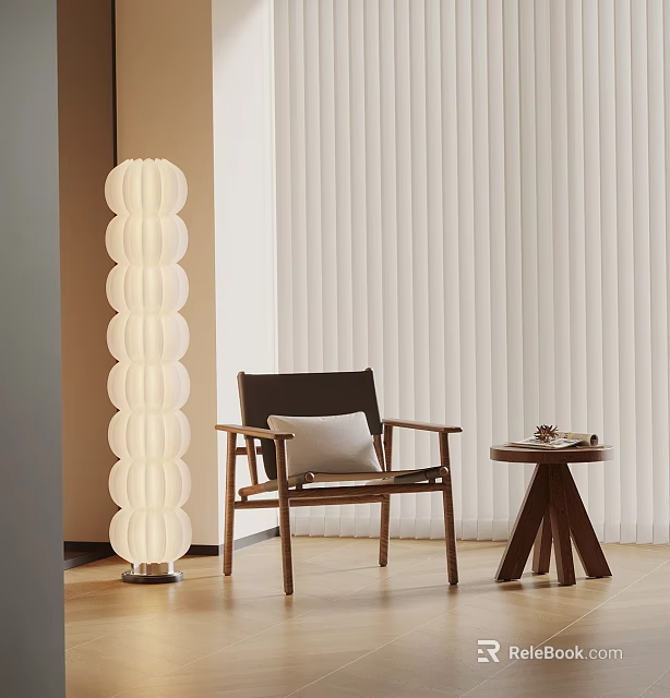 Modern Wooden Frame Leisure Chair With Cushion Side Table And Floor Lamp In Minimalist Interior 3d model 